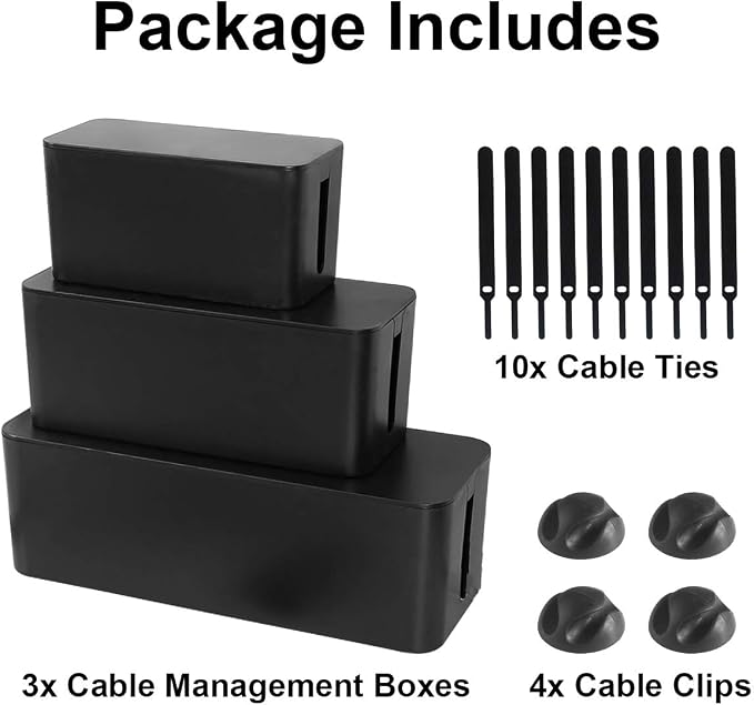 DUNCHATY Cable Management Box 3 Pack - Cord Organizer Box for Desk TV Computer - Large Medium Small Power Strip Cover & Wire Hider - Child & Pet Safe ABS Cord Box with Cable Ties - Black