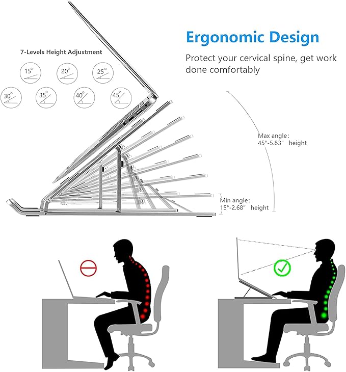Ergonomic 7-Levels Angles Adjustable Laptop Stand, Portable Laptop Stand for Desk, Aluminum + Silicone Foldable Ventilated Cooling Laptop Riser for 10-17” Laptops, Tablets (Silver)