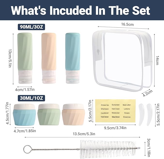 11 Pack Travel Bottles for Toiletries, TSA Approved 3oz Leak Proof Refillable Silicone Squeezable Containers Kit for Shampoo Lotion Conditioner with Toiletry Bag