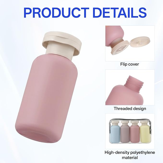 4PCS Travel Bottles Set with Flip Cap, Leak Proof Empty Travel Size Bottle with Storage Bag and Label, Reusable Travels Size Toiletries Containers for Face Cream Lotion Foundation Shampoo