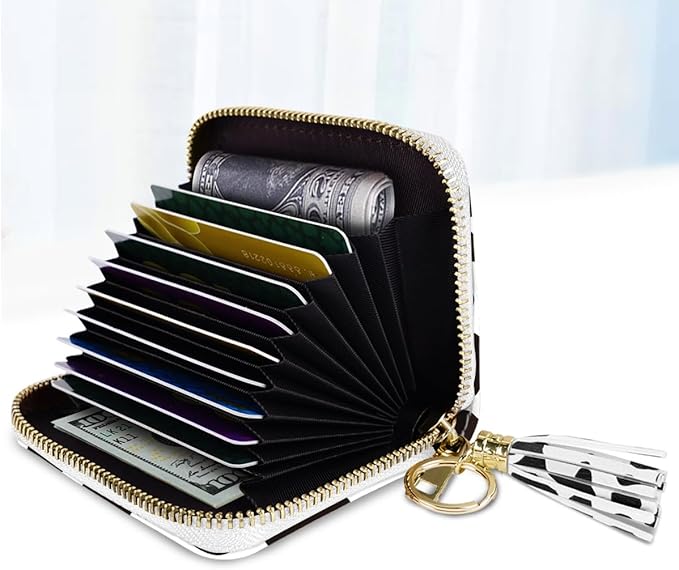 Coco Rossi Leather Credit Card Wallet for Women, RFID Blocking Zipper Cards Holder with Tassel, Cow