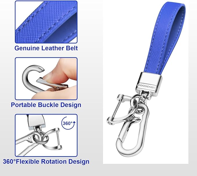QBUC Genuine Leather Car Keychain,Universal Heavy Duty Metal Key Chain Accessories,Car Fob Key Keychain Holder with 360 Degree Rotatable Snap Swivel and Anti-Lost D-Ring for Men Women(Dark Blue)