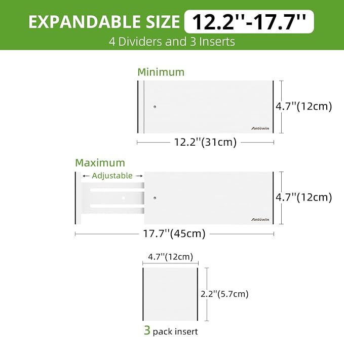 ANTOWIN 4 Pack Expandable Drawer Dividers, 4.7'' High, Extend from 12.2'' to 17.7'', Bamboo Dresser Drawer Organizers Separators for Kitchen, Bedroom, Office, Bathroom (White)