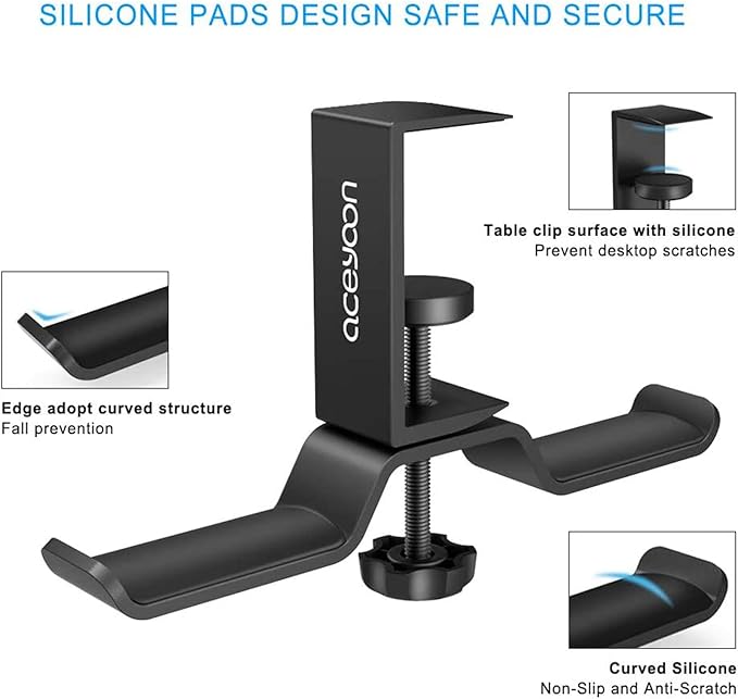 aceyoon Foldable Headphone Stand for Desk, Aluminum Headset Stand Clamp Hook Under Desk Space Save Mount, Headset Holder for Gaming Headphone, Office, Backpack, Bag, Purse Hanging (Black)
