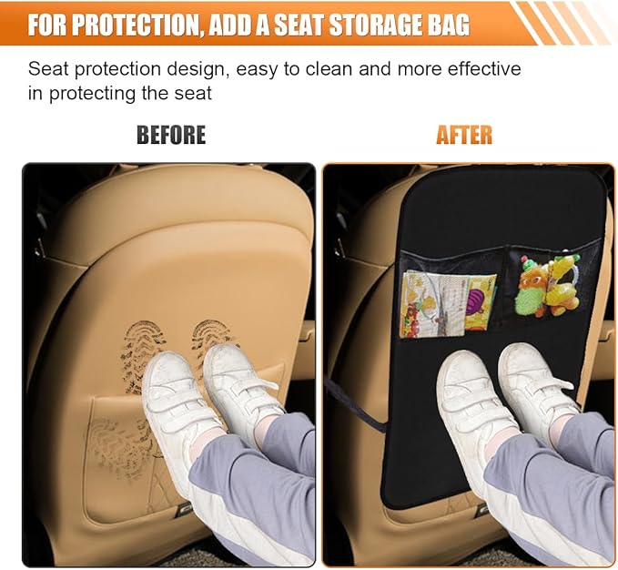 2PCS Car Backseat Organizer - Vehicle Seat Back Protector Kick Mats for Kids - Waterproof Car Back Seat Cover with 2 Storage Pockets - Road Trip Essentials Travel Accessories for Car SUV Truck