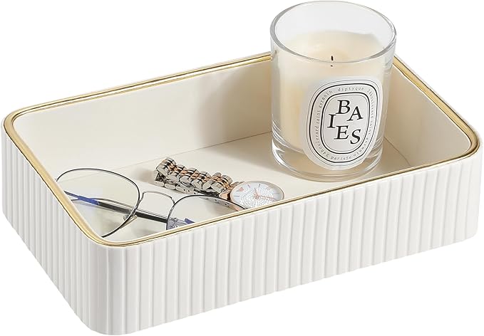 Desk Organizer Tray, PU Leather Nightstand Organizer Perfume Valet Tray for Men Women, Decorative Vanity Trays Trinket Dish Key Bowl for Entryway Table (Ivory, Small)