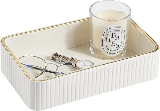 Desk Organizer Tray, PU Leather Nightstand Organizer Perfume Valet Tray for Men Women, Decorative Vanity Trays Trinket Dish Key Bowl for Entryway Table (Ivory, Small)