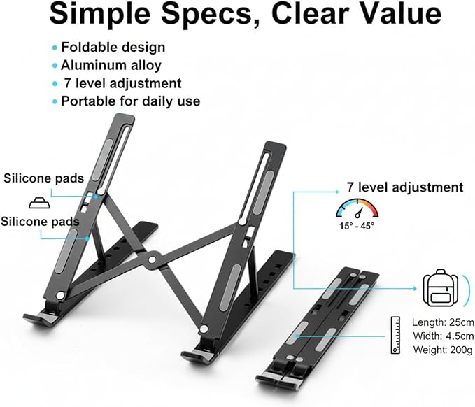 Adjustable Laptop Stand, Foldable Aluminum Laptop Riser for Desk, Portable Ergonomic Notebook Holder for 10-17 Inch Laptops, iPad & Tablet (Black,Aluminum Alloy)