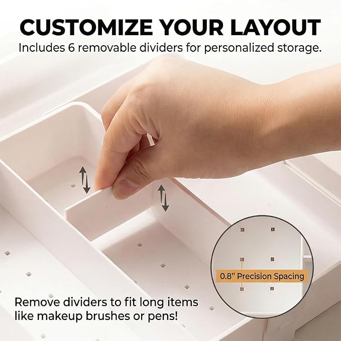 4-Way Expandable Drawer Organizer, Up to 13 Compartments Desk Divider with 6 Adjustable Dividers & Non-Slip Pads, Low Profile Tray (2.2" Tall) for Office, Makeup Vanity, White