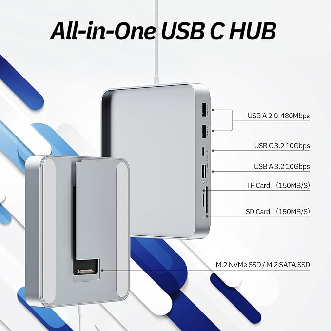 USB C Hub for iMac 24 inch 2021/2023/2024, Minisopuru iMac Hub Support M.2 NVMe SSD, i Mac Accessories for iMac M1/M3/M4, i-Mac Adapter with USB A/C 10Gbps, SD/TF, M.2 SSD (Not Included), Silver