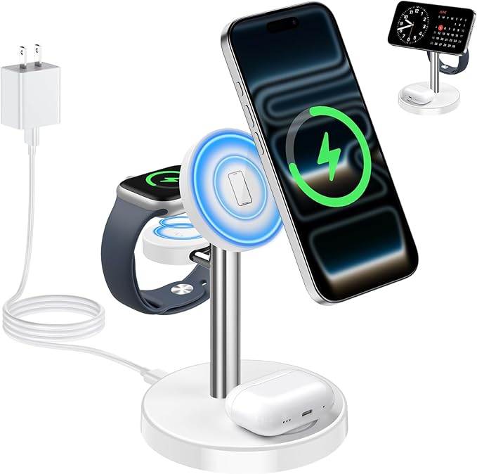2026 3 in 1 Wireless Charging Station Compatible with MagSafe, 15W Fast Magnetic Mag-Safe Charger Stand for Apple iPhone 17 16 15 14 13 12 Series iWatch AirPods Pro 4 3 2, SilverWhite