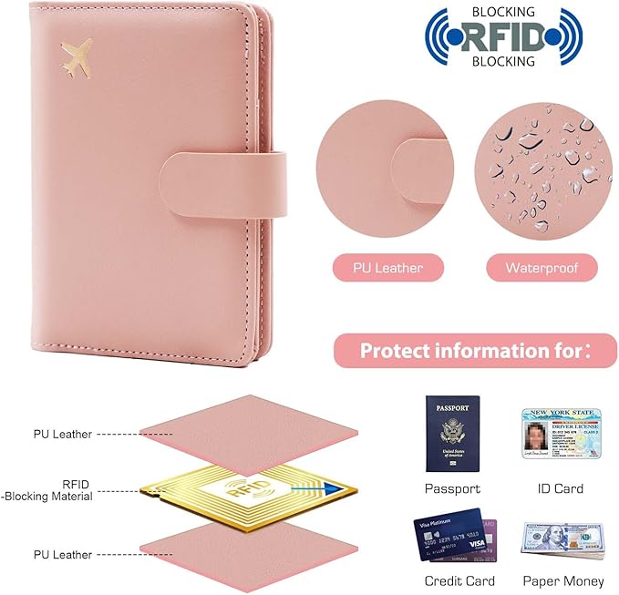 Melsbrinna Rfid Passport Holder for Travel women/Men Set Travel Suitcase Tag, Cute Passport Wallet Rfid Blocking Card Slots, Rfid Passport Cover/CaseTravel Wallet (new pink)