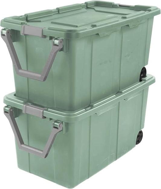 40 Gallon Light Green Rolling Industrial Storage Bins 2-Pack, Heavy-Duty Plastic with Leakproof Lid & Latches, Stackable for Garage Warehouse Equipment Transport