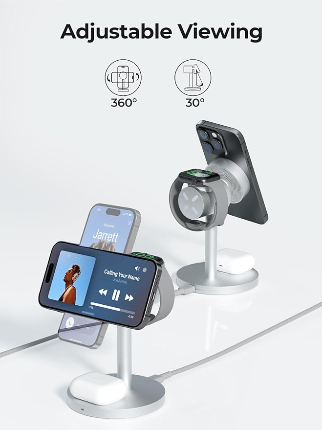 3-in-1 Fast Wireless Charging Station for MagSafe, Qi2 Certified Wireless Charger Stand, Magnetic Charger, MagFusion Wireless Charger for iPhone 17/16/15/14/13/12 Series, Apple Watch, AirPods, Silver