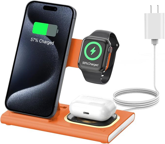 3 in 1 Charging Station for iPhone 17 - Wireless Charger for Apple Products for iPhone 17 16 15 14 13 12 11 Pro Max - Foldable Wireless Charging Station Dock Stand for iWatch Series & AirPods(Orange)