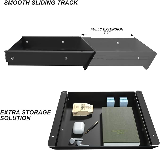 Under Desk Mounted Sliding Drawer with 60 Degree Tilt Panel to Pull Out, 15'' Long & 9'' deep Large Storage Organizer for Sit Stand Workstation