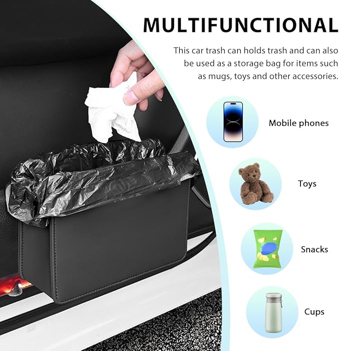 Car Trash Can, Waterproof Leather Hanging Storage Container Vehicle Dustbin, Auto Foldable Mini Garbage Organizer Trash Bag for Truck SUV RV, Essential Car Accessories (Dark Brown)