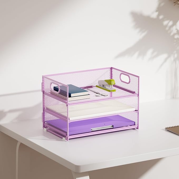 Marbrasse 3 Tier Paper Organizer Letter Tray, Mesh File Organizer with Handle, Paper Sorter Desk Organizer for Home Office Supplies - 2p Purple
