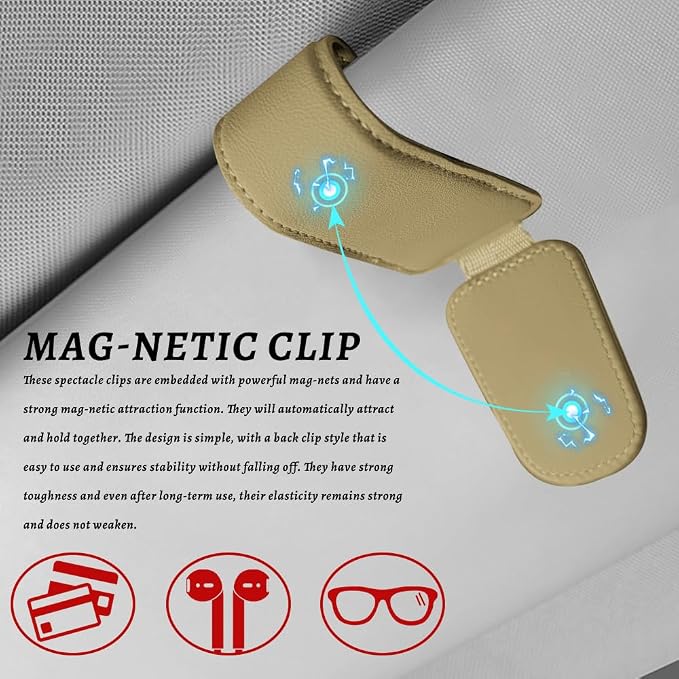 Sunglass Holder for Car, Car Sunglass Holder, Magnetic Leather Sunglasses Holder and Ticket Card Clip, Auto Multi-Functional Sun Visor Eyeglass Holders for SUV Pickup Truck (Beige)