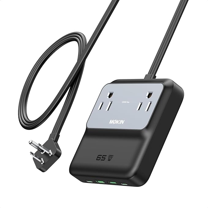 Charging Station, 65W Max 6-in-1 USB C Power Strip for iPhone 17/16 and MacBook, Flat Plug and 5ft Thin Undetachable Extension Cord,2 AC,2 USB-A,2 USB-C,Fast Charging Desktop Charger for Home & Office