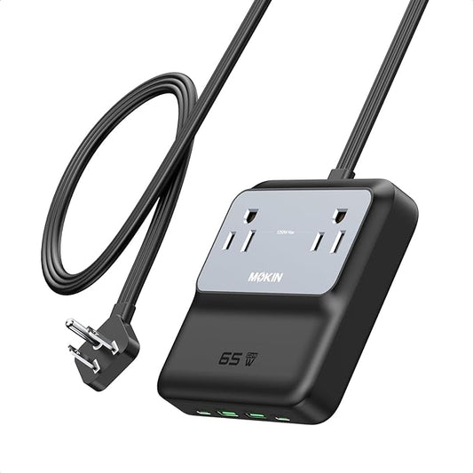 Charging Station, 65W Max 6-in-1 USB C Power Strip for iPhone 17/16 and MacBook, Flat Plug and 5ft Thin Undetachable Extension Cord,2 AC,2 USB-A,2 USB-C,Fast Charging Desktop Charger for Home & Office