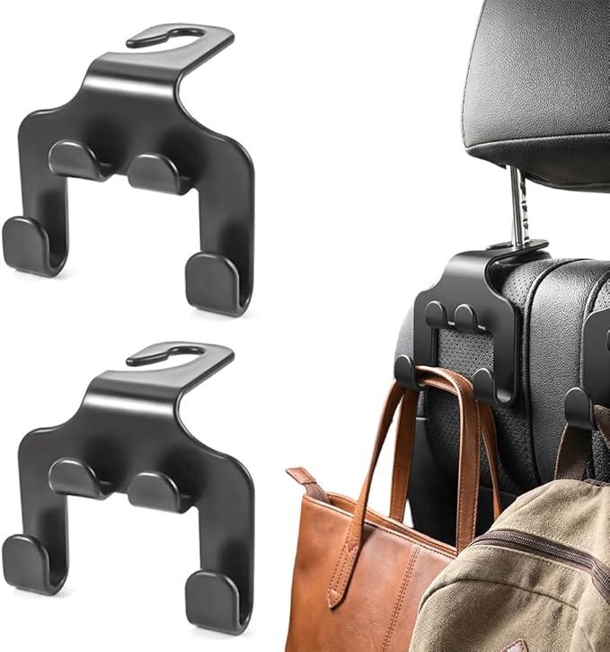 Car Seat Headrest Hook, Double Fur Leather Seat Back Hanger, Universal Headrest Organizer for Purses Bags Coats Umbrellas Grocery (2pcs)
