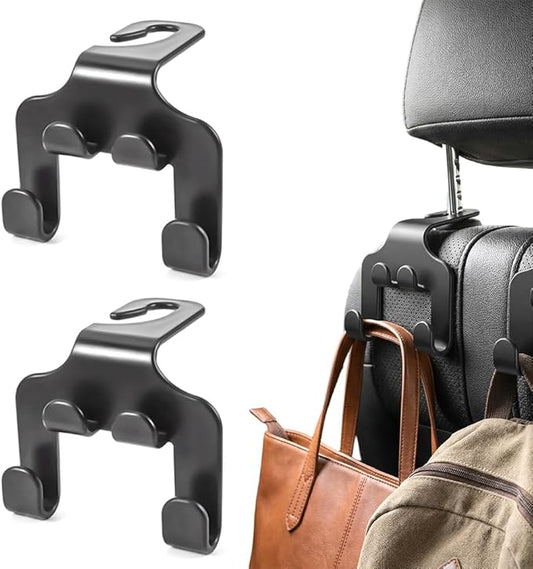 Car Seat Headrest Hook, Double Fur Leather Seat Back Hanger, Universal Headrest Organizer for Purses Bags Coats Umbrellas Grocery (2pcs)