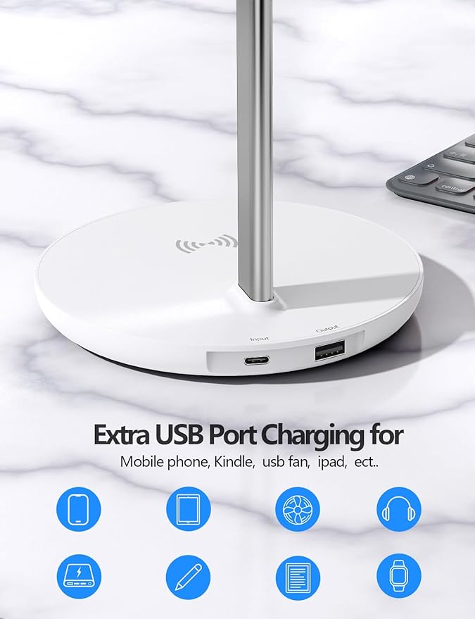 Miroddi Headphone Stand with Wireless Charger, Independent USB Charging Port, 5 in 1 Charging Station Headset Holder Rack for AirPods Max/Pro/4/3/2, iWatch, iPhone, Samsung and Desk Headphones, White