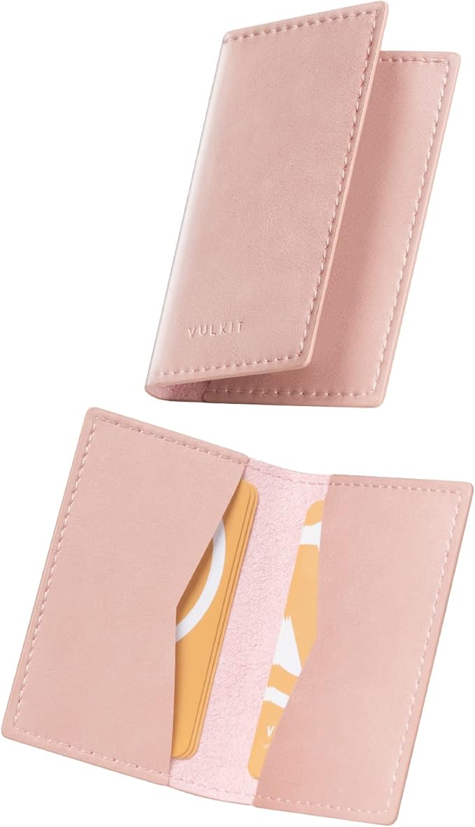 VULKIT Leather Business Card Holder 2 Sided Slim Business Name Card Organizer for Men or Women, Up to hold 20 cards (Vintage Rose)