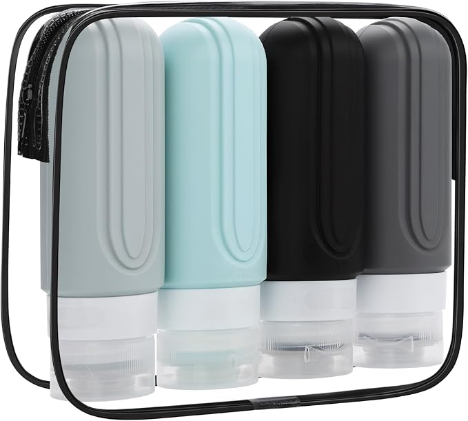 Travel Bottles Set for Toiletries, TSA Approved Travel Containers Leak Proof Silicone Squeezable Travel Accessories 2oz 3oz for Shampoo Conditioner Lotion Body Wash (Black)