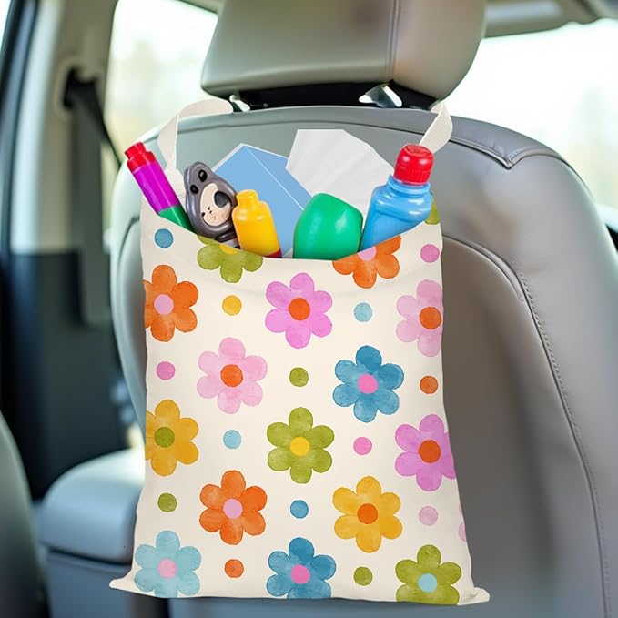 Flower Car Trash Bag Car Garbage Bag Hanging Cars Trash Can, Spring Decor Waterproof Cars Back Seat Organizer for Vehicle Travelling Camping