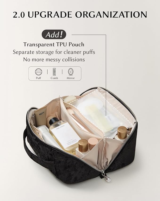 EACHY Travel Makeup Bag, Large Capacity Cosmetic Bag for Women, Waterproof PU Leather, Flat Open Portable Toiletry Bag for Skincare, Brushes & Travel Essentials