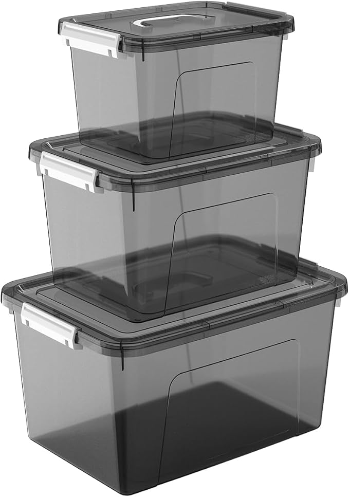 Plastic Storage Bins with Lids, 3 Pack Mixed Sizes (22 Qt, 16 Qt, 7 Qt) Clear Black Stackable Organizer Boxes with Latches for Closet, Pantry, Garage, Bathroom, Office