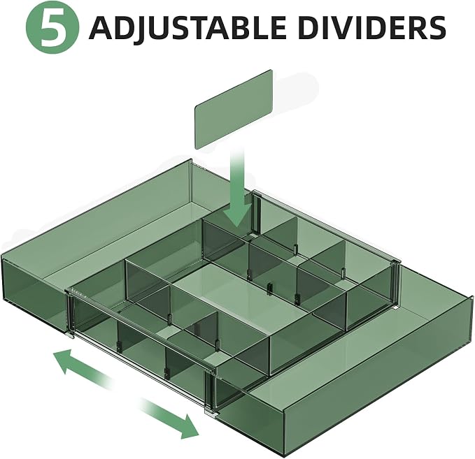 Marbrasse Expandable Desk Drawer Organizer, Clear Plastic Drawer Organizer Tray with 10 Adjustable Compartments, Desk Organizers and Accessories, 5 Drawer Dividers for Office Supplies(Clear Green)
