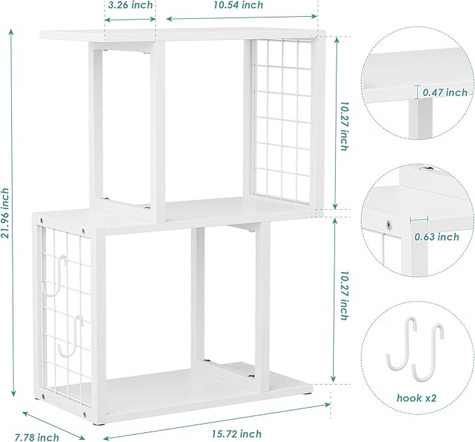 Desktop Bookshelf Organizer, White 3-Tier Desk Shelf with Metal Hook Workspace Organizers for Desk Organization and Office Storage Table Bookcase