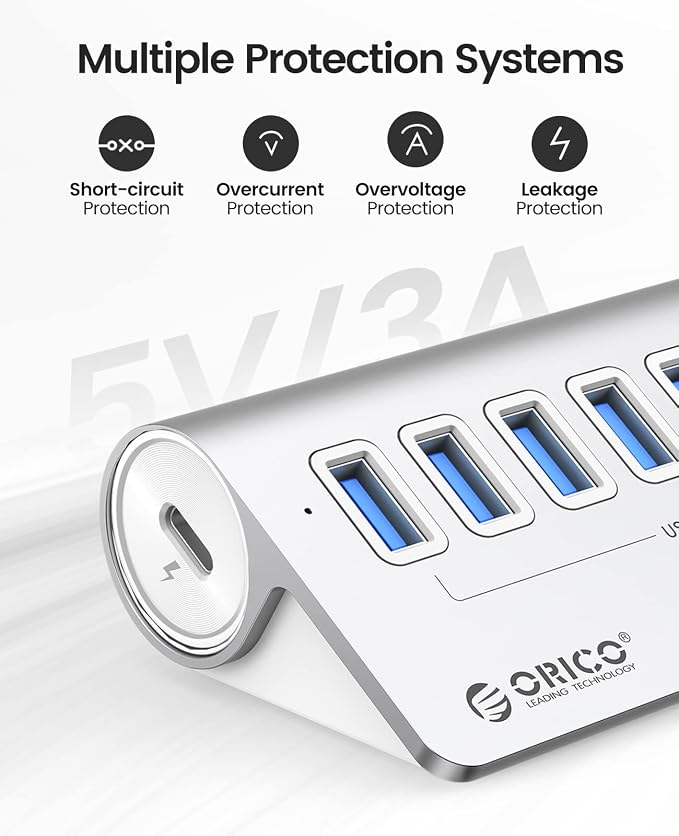 ORICO 7-Port USB 3.2 Gen2 Hub, Desktop USB 3.2 Hub with 7 USB-A Ports, 5V 3A Power Supply Port, 10Gbps Aluminium USB-Splitter with 3.28Ft USB-C to USB-C Cable for iMac, MacBooks, Mac mini