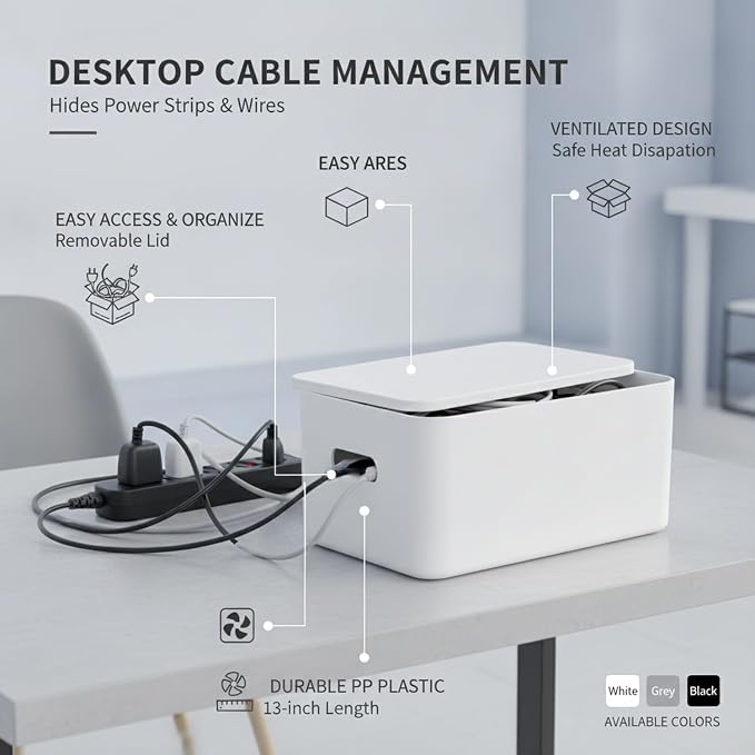 Desktop Cable Management Box, Cord Organizer for Cables & Wires, Durable PP Plastic Storage for Home Office (1 Pack)