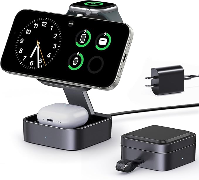 3 in 1 Wireless Charging Station for Apple Devices, Magnetic Foldable Travel Fast Charger Stand Compatible with MagSafe for iPhone Air/17/16/15/14/13/12 Series, Apple Watch & AirPods Pro/4/3/2-Black