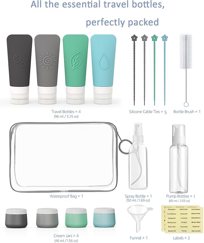 20-Piece Silicone Travel Bottles Set – TSA Approved Leakproof Toiletry Kit with Flat Easy-Squeeze Bottles, Tactile Icons, Cream Jars, Pump & Spray, Cleaning Brush