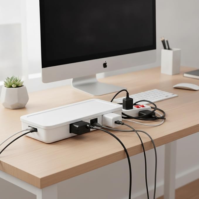 Desktop Cable Management Box, Cord Organizer for Cables & Wires, Durable PP Plastic Storage for Home Office (1 Pack)