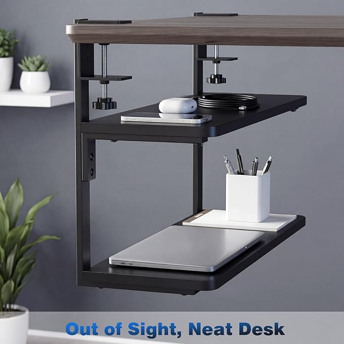2-Tier Desk Extender, 22-inch Clamp-On Desk Shelf, Height-Adjustable Desktop Shelf Organizer for Monitors Office and Gaming Accessories, Arm Support Table Extension, Black