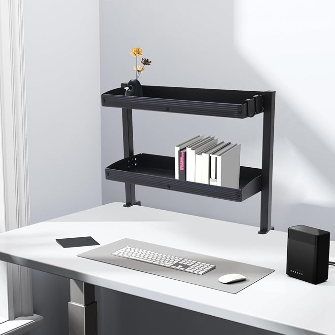2-Tier Clamp-on Desk Shelving Unit, Adjustable Metal Storage Tray Desk Shelf, Space-Saving Desktop Organizer for Gaming Devices, Office Supplies and Dresser Top Storage, Ideal for Office, Study