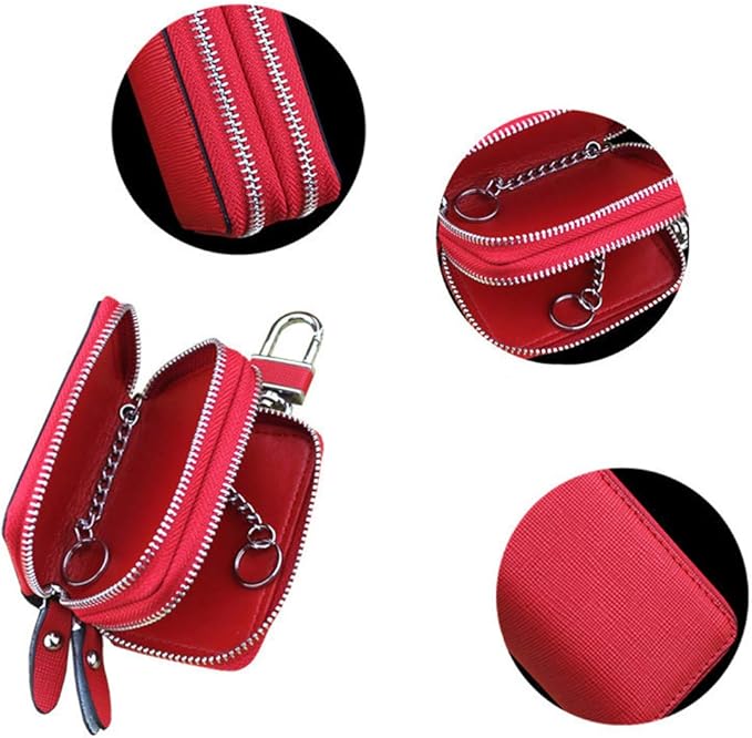 Key Fob Case Genuine Leather, Double Zipper Car Key Holder & Key Wallet with Keychain, Key Pouch for Purse Gift