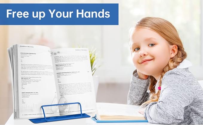 Honagu Metal Desk Book Holder, Hands Free Adjustable Cookbook & Document Holder, Portable Bookstand for Music Books, Textbooks, Recipes, Tablets & iPads (Deep Blue)