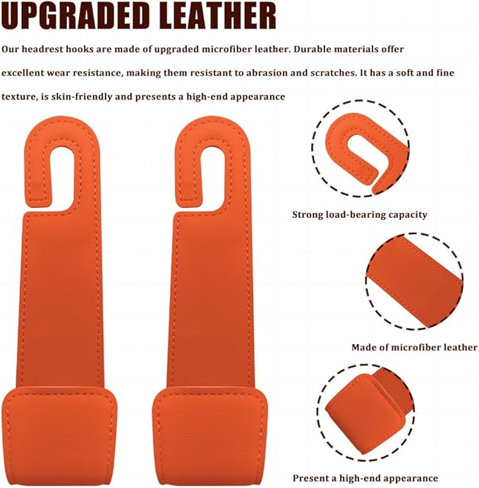 2PCS Car Seat Headrest Hooks, Purse Hook for Car, Automotive Headrest Handbags Holder, Auto Accessories Leather Seatback Organizer Hanger for Hanging Purses Bags Coats (Orange, 1PCS)