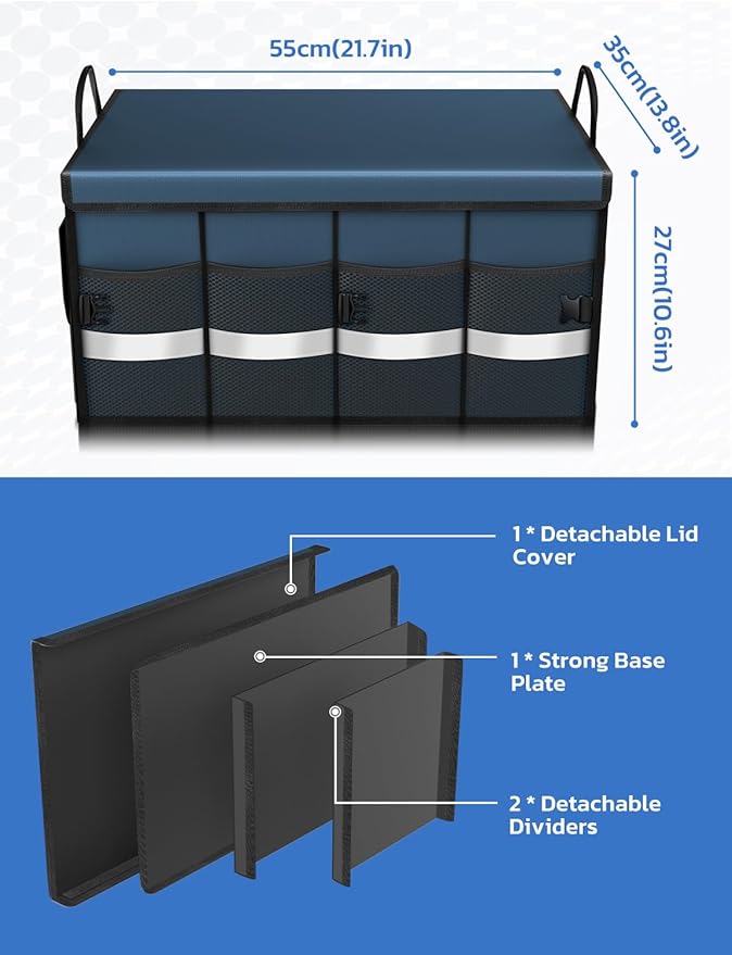 Oasser Car Trunk Organizer Collapsible Multi Compartments Trunk Organizer for SUV with Foldable Cover Reflective Strip