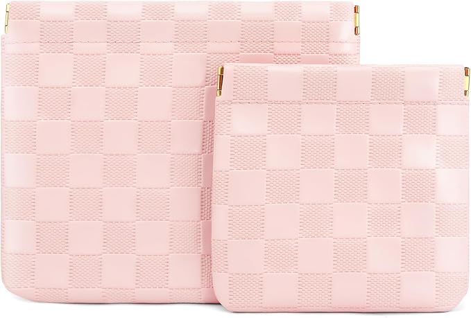 2 PCS Ladies Small Makeup Bag for Purse,Coin Purse Lipstick Cosmetic Accessories Organizer,Travel Pouch,Waterproof No Zipper Self-closing Small Makeup Pouch (Checkered Pink)