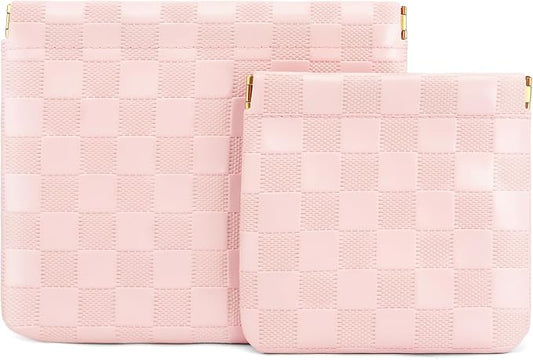2 PCS Ladies Small Makeup Bag for Purse,Coin Purse Lipstick Cosmetic Accessories Organizer,Travel Pouch,Waterproof No Zipper Self-closing Small Makeup Pouch (Checkered Pink)