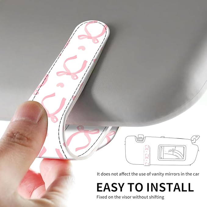 Leather Magnetic Sunglass Holder for Car Sun Visor, Cute Eyeglass Ticket Card Hanger Clip, Universal Auto Interior Accessories for SUV Pickup Truck White Pink Bow