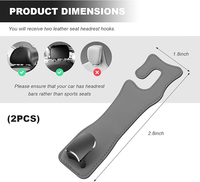 JNXIIJ 2 PCS Car Seat Headrest Hooks, Multifunctional Auto Purse Hanger Storage Organizer, Universal Vehicle Leather Seat Backrest Hooks for Hanging Umbrellas Handbags Clothes (Gray)